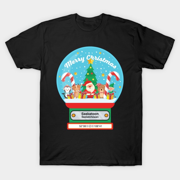 Saskatoon Saskatchewan - Merry Christmas SnowGlobe T-Shirt by MapYourWorld